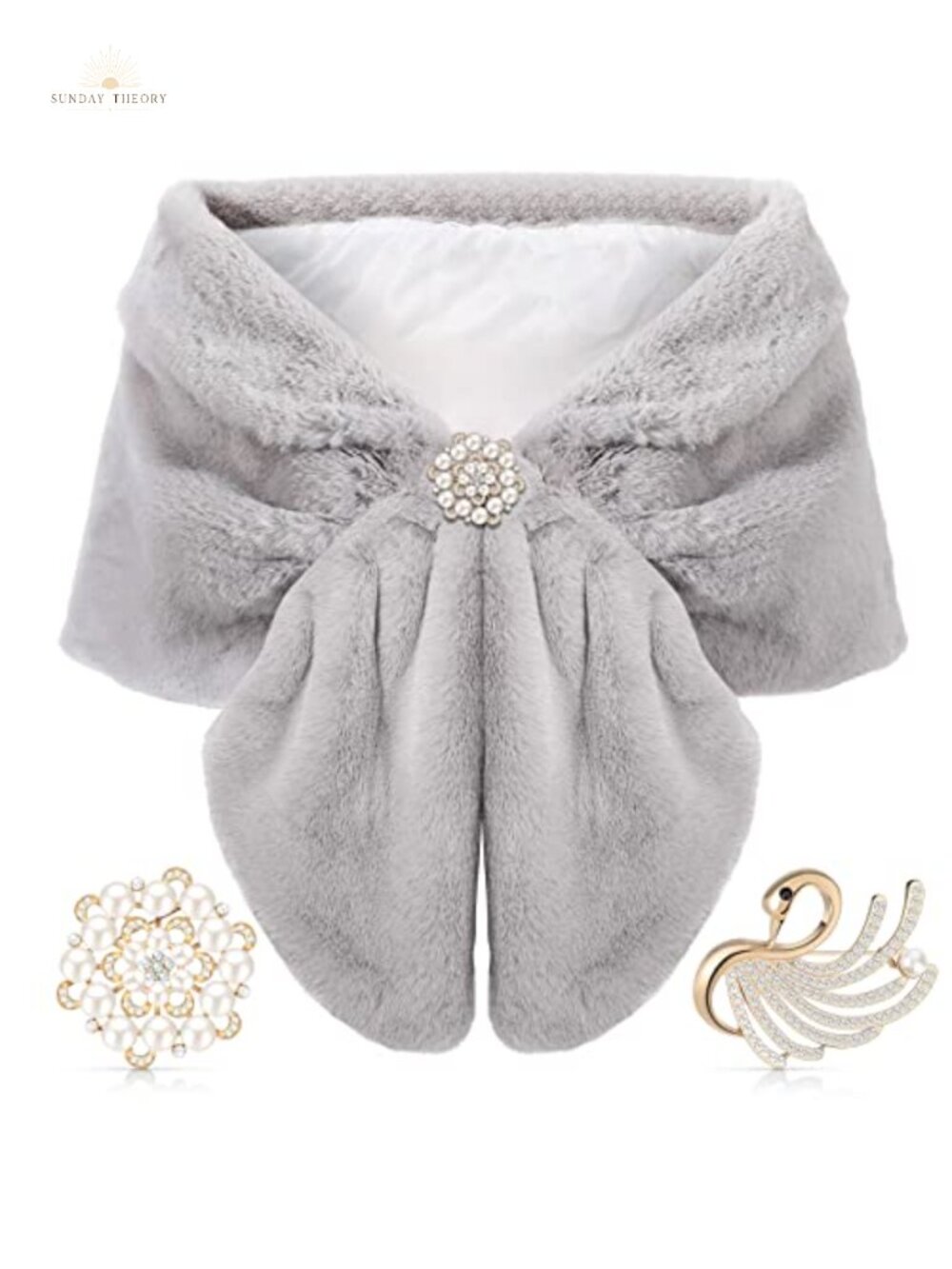 Faux Fur Shawl Wrap Stole Shrug with Pearl Rhinestone Brooches Bridal Winter
